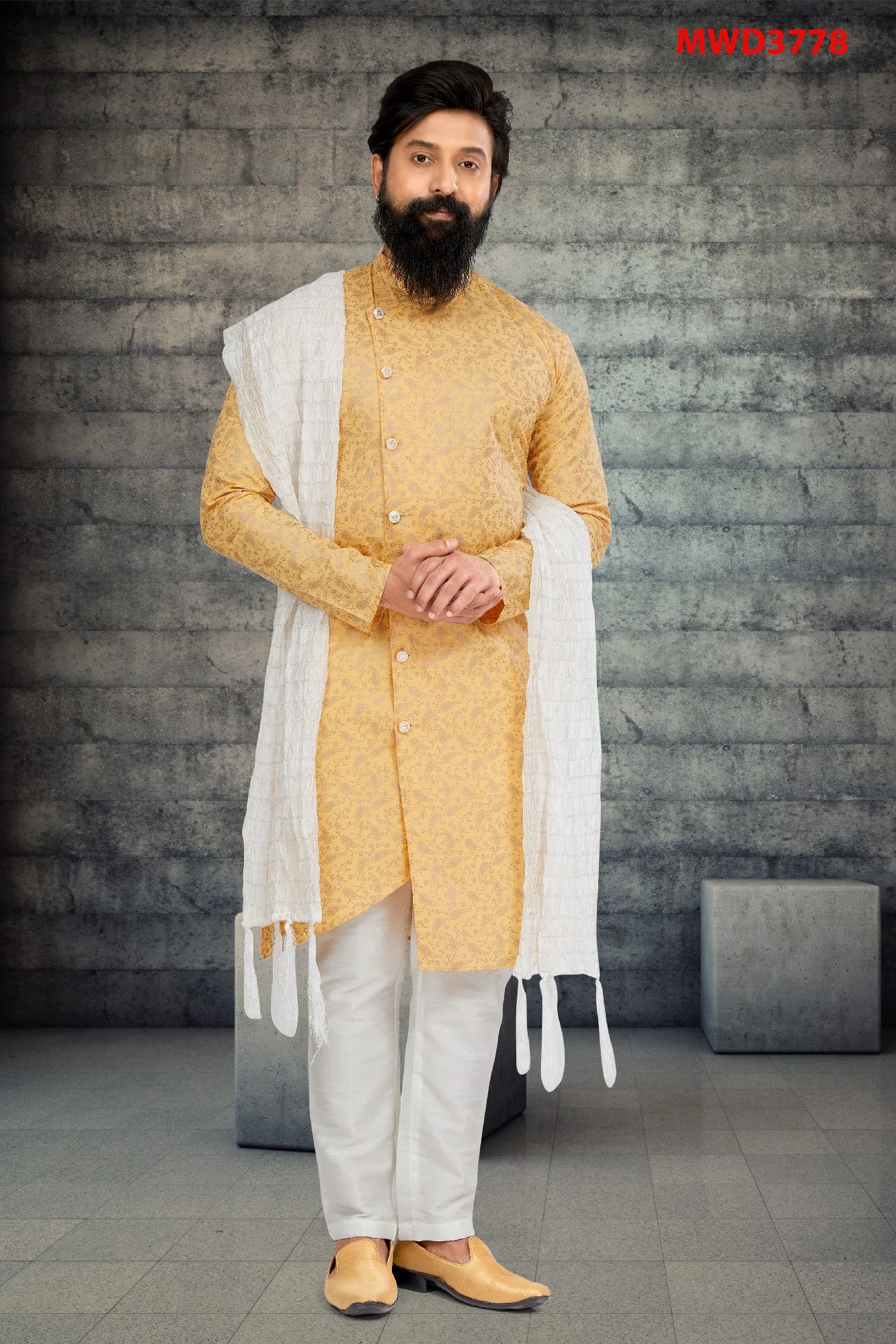 Yellow Indo Western Sherwani In Cotton Silk, 36-1.webp